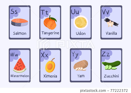 Colorful alphabet Letter S, T, U, V, W, X, Y, Z - salmon, tangerine, udon, vanilla, watermelon, ximenia, yam, zucchini. Colorful alphabet Letter S, T, U, V, W, X, Y, Z - salmon, tangerine, udon, vanilla, watermelon, ximenia, yam, zucchini. 77222372