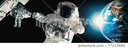 Astronaut spaceman do spacewalk while working for space station 77222690