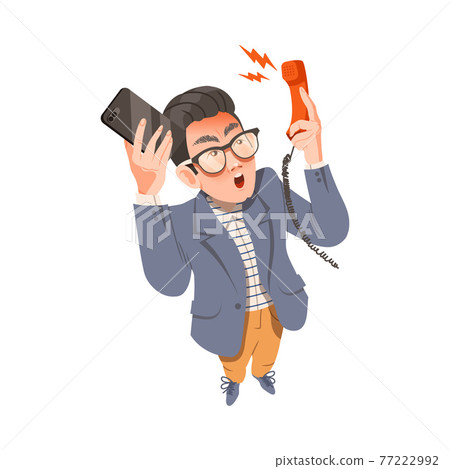 Stressed out Man Office Employee with Ringing Smartphone and Desk Phone Failing in Multitasking Vector Illustration Stressed out Man Office Employee with Ringing Smartphone and Desk Phone Failing in Multitasking Vector Illustration 77222992