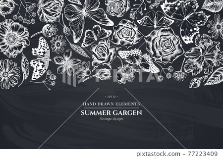 Floral design with chalk shepherd s purse, heather, iris japonica, sakura, gypsophila, chamomile 77223409