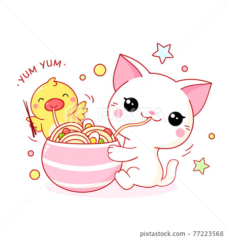 Cute White Cat And Yellow Duck Eat Ramen Noodles - Stock Illustration  [77223568] - Pixta