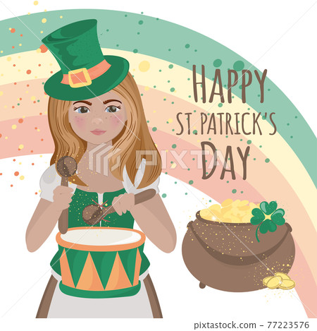 PATRICK DRUMMER Girl In A Green Jacket And Green Hat With Drum Saint Irish Holiday Cartoon Clip Art Vector Illustration Set For Print 77223576