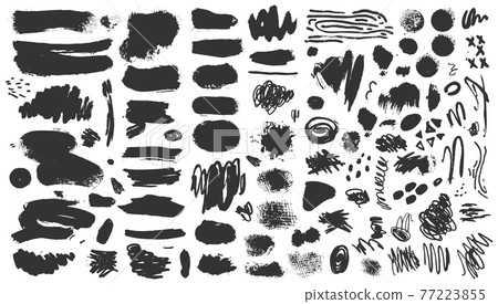 Vector hand drawn ink design elements. Sponge stamps, dry brush marks, splatter sprinkles, pastel pencil textures. Set of grunge black artistic brushstroke design elements isolated 77223855