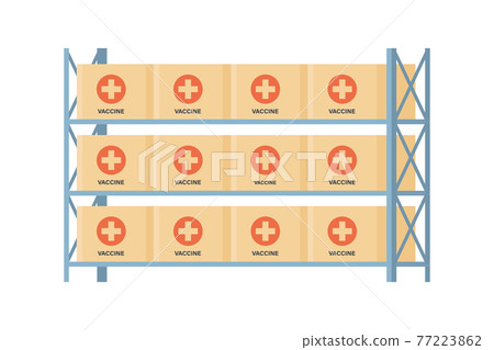 Coronavirus vaccine storage rack. Warehouse with covid vaccines. Anti virus campaign. Vector illustration on flat style in white background Coronavirus vaccine storage rack. Warehouse with covid vaccines. Anti virus campaign. Vector illustration on flat style in white background 77223862
