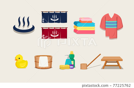 Japanese hot spring ( onsen ) flat vector icon illustration set. Isolated on a white background 77225762
