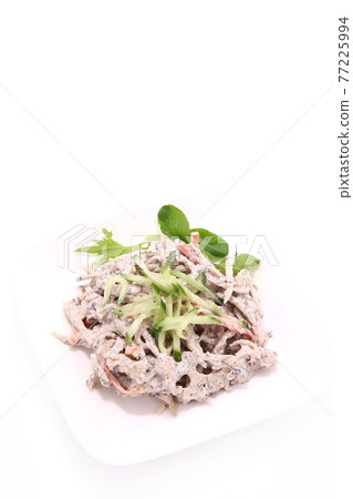 Burdock and lotus root salad bright background Burdock and lotus root salad bright background 77225994