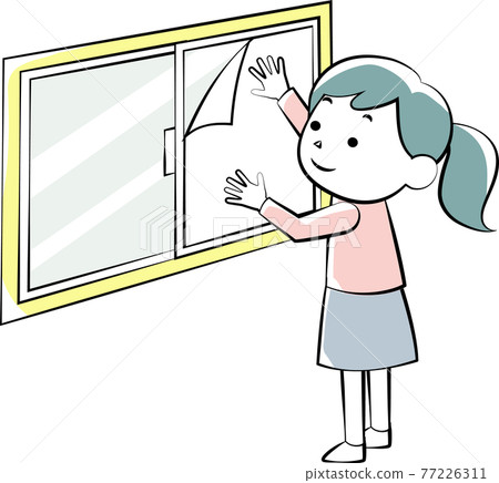 一個在窗戶上貼上防碎布的女人 一個在窗戶上貼上防碎布的女人 77226311
