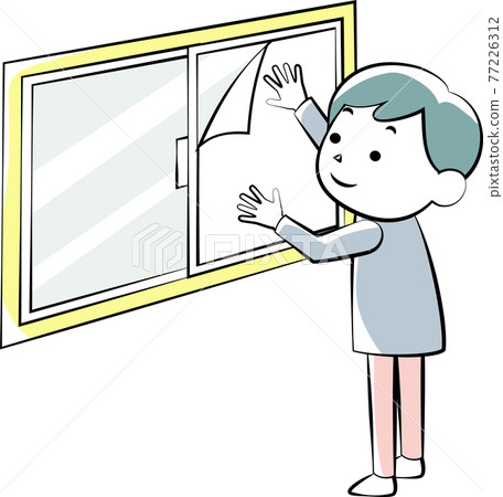 一個在窗戶上放防碎布的人 77226312