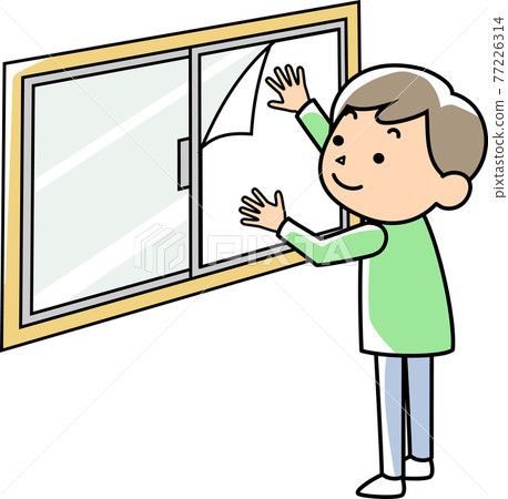 一個在窗戶上放防碎布的人 77226314