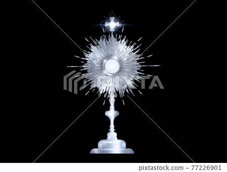 Monstrance Silver Ostensorium used in Roman Catholic, Old Catholic Anglican ceremony traditions. Benediction of the Blessed Sacrament is used to displayed to Eucharistic host. Vector isolated on black 77226901