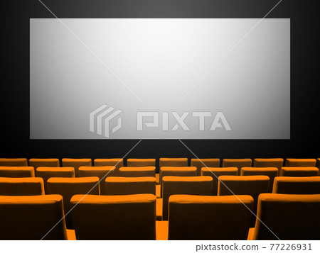 Cinema movie theatre with orange seats and a blank white screen 77226931
