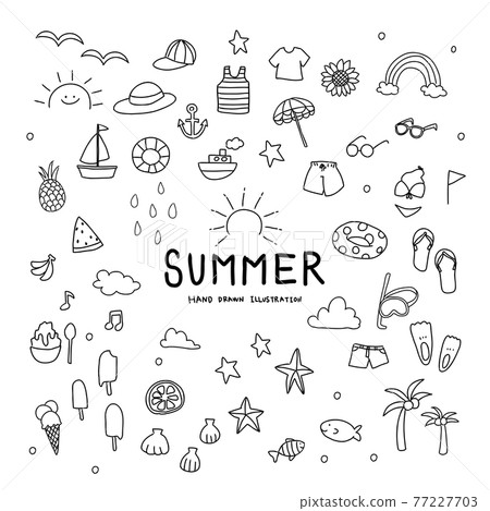 Summer hand-drawn illustration set monochrome Summer hand-drawn illustration set monochrome 77227703
