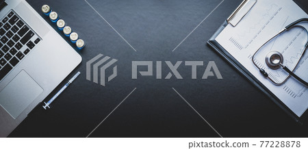 Office desk medical. Healthcare infographic, doctor health stethoscope and notebook, needle syringe on dark background. Close up, copy space background, top view. Office desk medical. Healthcare infographic, doctor health stethoscope and notebook, needle syringe on dark background. Close up, copy space background, top view. 77228878