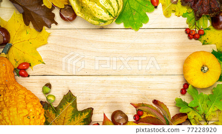 Leaf autumn. Natural harvest with orange pumpkin, fall dried leaves, red berries and acorns, chestnuts on wooden background in shape frame. Concept of Thanksgiving day or Halloween. 77228920