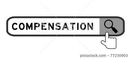 Search banner in word compensation with hand over magnifier icon on white background 77230903