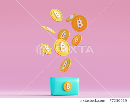 Blue Bitcoin wallet on pink minimal background with levitating coins. Cryptocurrency finance Blue Bitcoin wallet on pink minimal background with levitating coins. Cryptocurrency finance 77230919
