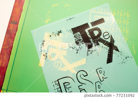 Serigraphy silk screen print process at clothes factory. Frame and transparent stencil template Serigraphy silk screen print process at clothes factory. Frame and transparent stencil template 77231092