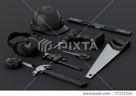 Isometric view of monochrome construction tools for repair on black Isometric view of monochrome construction tools for repair on black 77232581