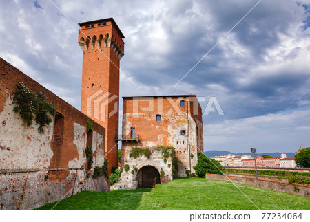 Cittadella vecchia citadel tower and arsenal on Arno River embankment Pisa Tuscany Italy 77234064
