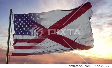Alabama and USA flag on flagpole. USA and Alabama Mixed Flag waving in wind. 3d rendering Alabama and USA flag on flagpole. USA and Alabama Mixed Flag waving in wind. 3d rendering 77234127