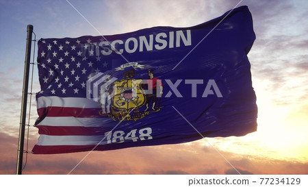Wisconsin and USA flag on flagpole. USA and Wisconsin Mixed Flag waving in wind. 3d rendering Wisconsin and USA flag on flagpole. USA and Wisconsin Mixed Flag waving in wind. 3d rendering 77234129