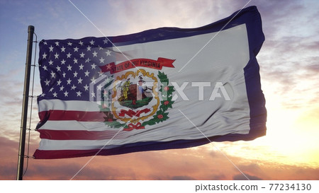 West Virginia and USA flag on flagpole. USA and West Virginia Mixed Flag waving in wind. 3d rendering 77234130