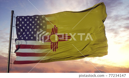 New Mexico and USA flag on flagpole. USA and New Mexico Mixed Flag waving in wind. 3d rendering 77234147