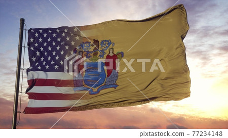 New Jersey and USA flag on flagpole. USA and New Jersey Mixed Flag waving in wind. 3d rendering 77234148