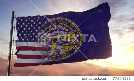 Nebraska and USA flag on flagpole. USA and Nebraska Mixed Flag waving in wind. 3d rendering Nebraska and USA flag on flagpole. USA and Nebraska Mixed Flag waving in wind. 3d rendering 77234151