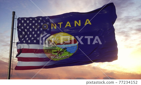 Montana and USA flag on flagpole. USA and Montana Mixed Flag waving in wind. 3d rendering Montana and USA flag on flagpole. USA and Montana Mixed Flag waving in wind. 3d rendering 77234152