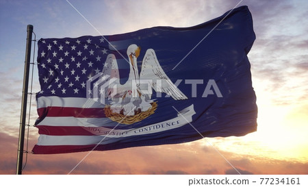 Lousiana and USA flag on flagpole. USA and Lousiana Mixed Flag waving in wind. 3d rendering Lousiana and USA flag on flagpole. USA and Lousiana Mixed Flag waving in wind. 3d rendering 77234161