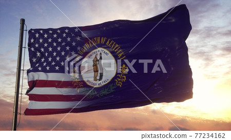 Kentucky and USA flag on flagpole. USA and Kentucky Mixed Flag waving in wind. 3d rendering 77234162