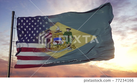 Delaware and USA flag on flagpole. USA and Delaware Mixed Flag waving in wind. 3d rendering 77234166