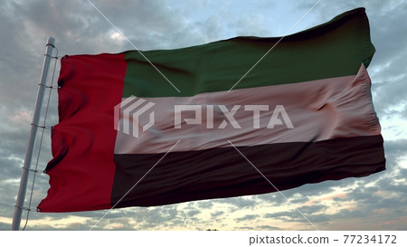 Flag of United Arab Emirates waving in the wind against deep beautiful sky at sunset. 3d rendering 77234172