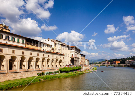 Florence cityscape with Arno River embankment Vasari Corridor and Uffizi Gallery Tuscany Italy Florence cityscape with Arno River embankment Vasari Corridor and Uffizi Gallery Tuscany Italy 77234433
