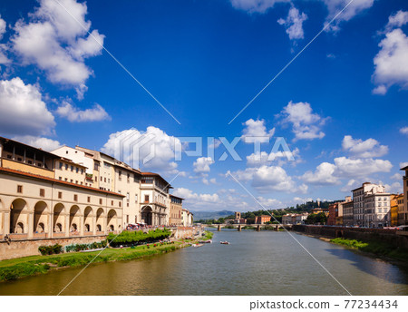 Florence cityscape with Arno River embankment Vasari Corridor and Uffizi Gallery Tuscany Italy Florence cityscape with Arno River embankment Vasari Corridor and Uffizi Gallery Tuscany Italy 77234434