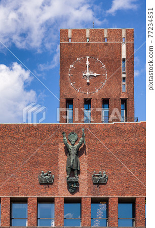 Oslo City Hall facade detail Central Oslo Norway Scandinavia Oslo City Hall facade detail Central Oslo Norway Scandinavia 77234851
