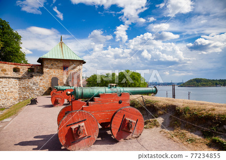 Restored muzzle-loading cannons at Akershus Castle and Fortress Oslo Norway Scandanavia Restored muzzle-loading cannons at Akershus Castle and Fortress Oslo Norway Scandanavia 77234855