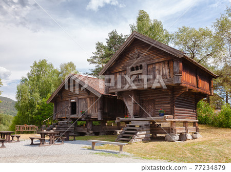 Old traditional Norwegian Stabbur store houses Telemark Norway Scandanavia Old traditional Norwegian Stabbur store houses Telemark Norway Scandanavia 77234879