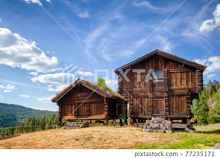 Old traditional Norwegian Stabbur store houses Telemark Norway Scandanavia 77235171