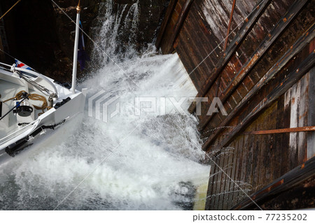 Eidsfoss lock filling with water Telemark Canal Telemark Norway Eidsfoss lock filling with water Telemark Canal Telemark Norway 77235202
