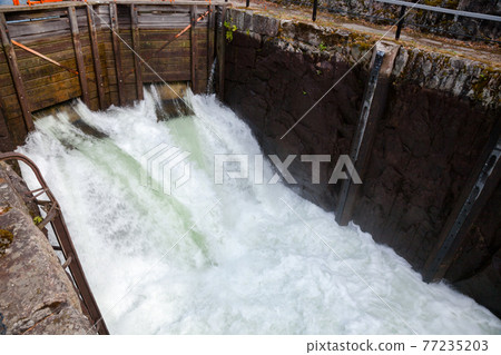 Eidsfoss lock filling up with water Telemark Canal Telemark Norway Eidsfoss lock filling up with water Telemark Canal Telemark Norway 77235203