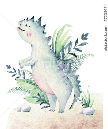 Cute cartoon baby dinosaurs collection watercolor baby shower invite, hand painted dino isolated on a white background for nursery poster decoration. Rex children funny art Cute cartoon baby dinosaurs collection watercolor baby shower invite, hand painted dino isolated on a white background for nursery poster decoration. Rex children funny art 77235684