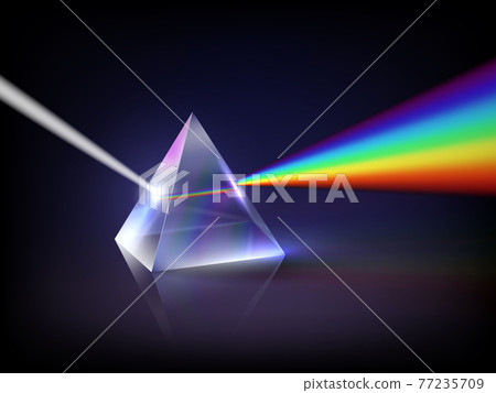 Spectrum refraction. Glass pyramid prism low poly abstract concept glow light refraction inside transparent geometrical form decent vector rainbow Spectrum refraction. Glass pyramid prism low poly abstract concept glow light refraction inside transparent geometrical form decent vector rainbow 77235709