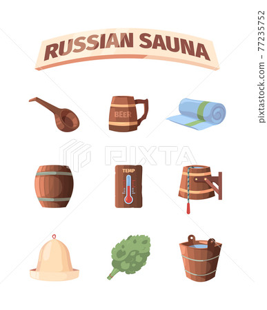 Russian sauna. Bathing baden accessories relax hot place hat broom bathroom garish vector sauna items collection cartoon 77235752