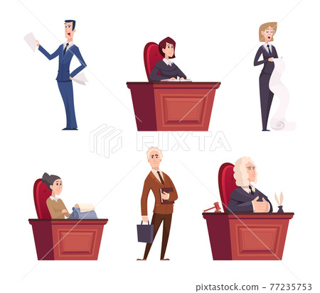 Judges characters. Lawyers team justice professional workers in robe near court exact vector cartoon persons isolated Judges characters. Lawyers team justice professional workers in robe near court exact vector cartoon persons isolated 77235753