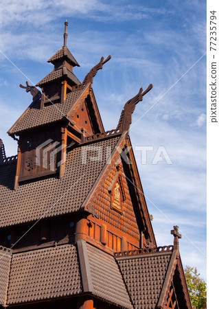 Gol Stave Church roof with dragons Folks museum Bygdoy peninsula Oslo Norway Scandanavia Gol Stave Church roof with dragons Folks museum Bygdoy peninsula Oslo Norway Scandanavia 77235794