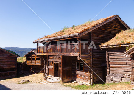 Old traditional Norwegian wooden houses at Maihaugen Folks museum Lillehammer Oppland Norway Scandinavia Old traditional Norwegian wooden houses at Maihaugen Folks museum Lillehammer Oppland Norway Scandinavia 77235846