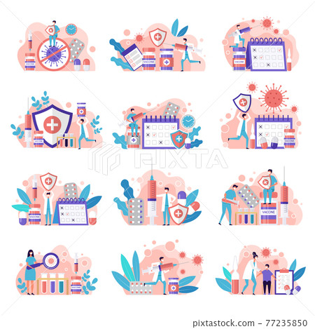 Vaccination concept pictures. Covid prevention medical scenes with doctors and patients making vaccine with drugs antibiotics recent vector pictures set Vaccination concept pictures. Covid prevention medical scenes with doctors and patients making vaccine with drugs antibiotics recent vector pictures set 77235850