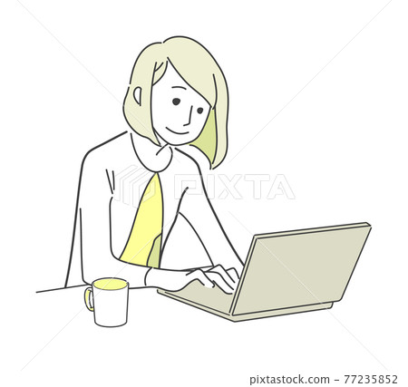 A woman relaxing and working on a computer-a mug 77235852